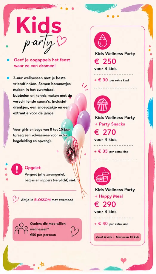 De kidsparty-flyer van Nostro Destino, met de drie formules, de prijzen en wat de kinderen meebrengen
