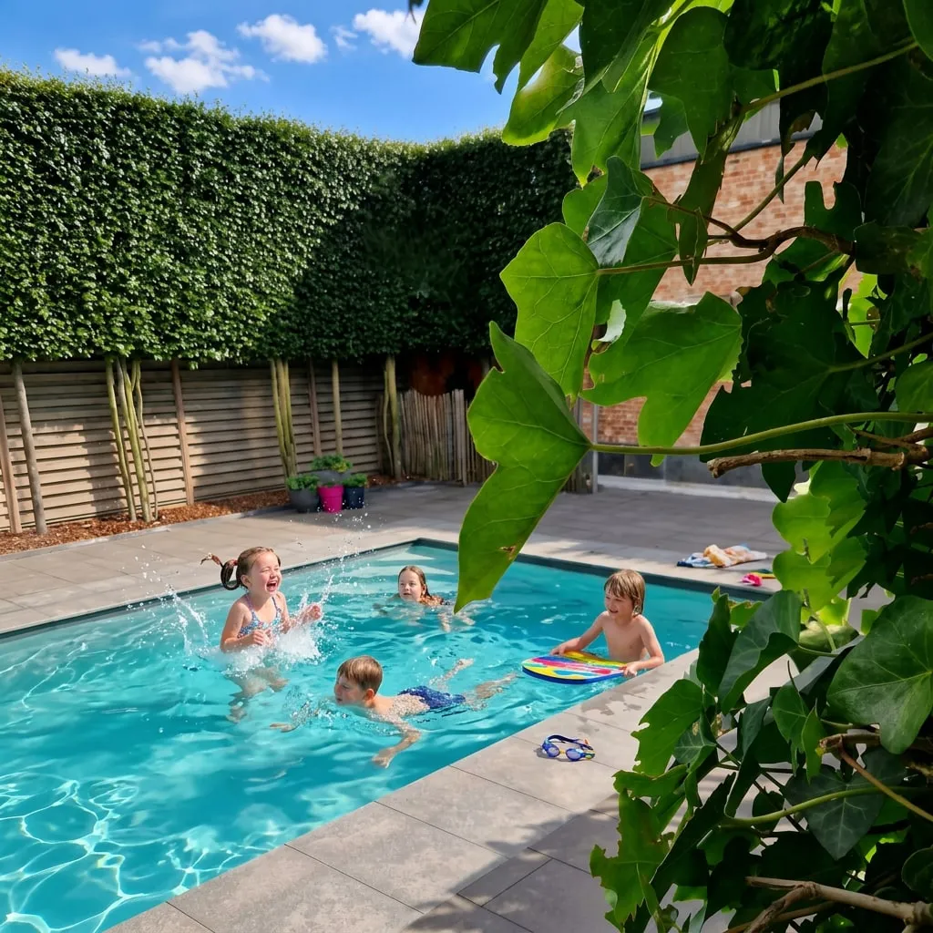 Kinderen spelen in het verwarmde privézwembad, door de klimop gezien