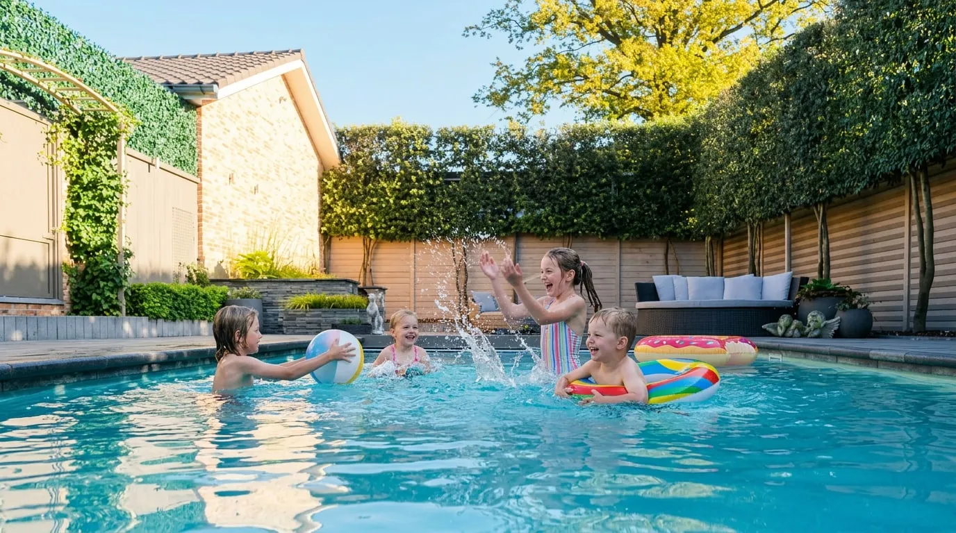 Kinderen spelen met een strandbal en zwembanden in het verwarmde privézwembad